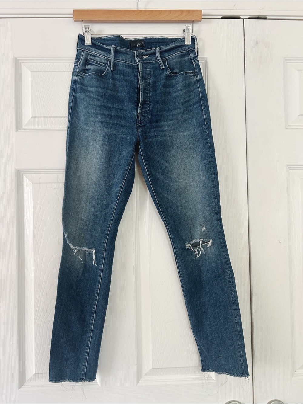 MOTHER Straight Leg Distressed Denim Jeans - Dark Blue Wash